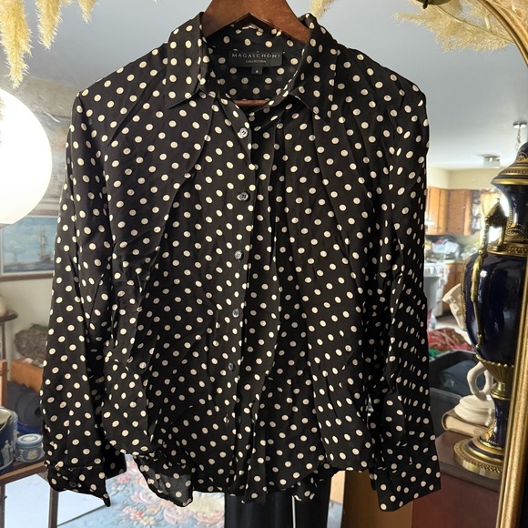 Magaschoni Tops - Magaschoni Black and Tan Polka Dot Button Up Long Sleeve Lightweight Blouse